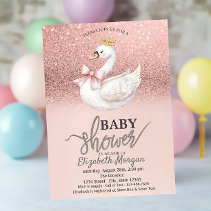 Rosa Gold Glitter, Schwan-Bogen-Krone Baby Shower Einladung
