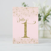 Rosa Gold Glitter-Tischzahlen Nummer 1 Einladung (Stehend Vorderseite)