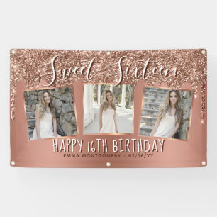 Rosa Gold Glitter-Tropf-Foto-Collage 16. Geburtsta Banner