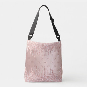 Rosa Gold Glitter-Tropfen Monogramm elegant Tragetaschen Mit Langen Trägern