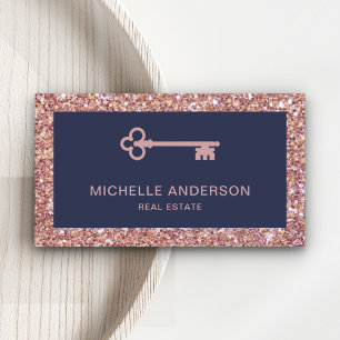 Rosa Gold Glitter Vintage Antiker Schlüssel Immobi Visitenkarte