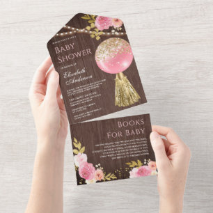 Rosa Gold Glitterballon Blumige Holz Babyparty All In One Einladung