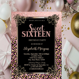 Rosa Gold Glitterrand Leopard Sweet 16 Einladung