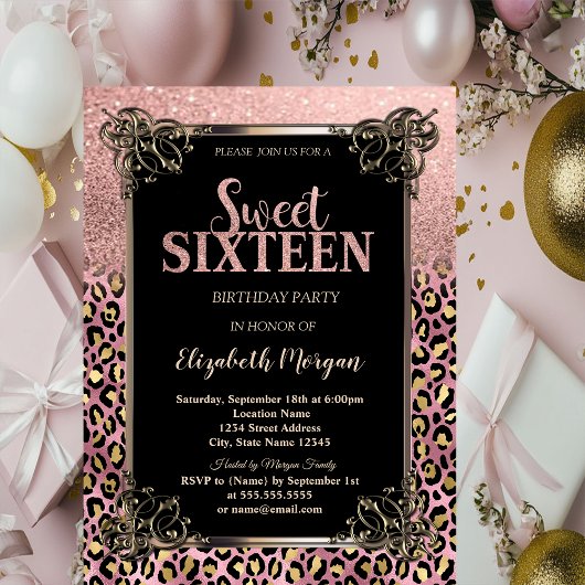 Rosa Gold Glitterrand Leopard Sweet 16 Einladung