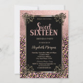 Rosa Gold Glitterrand Leopard Sweet 16 Einladung (Vorderseite)