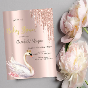 Rosa Gold Glittertropfen Schwan Krone Blumen Einladung