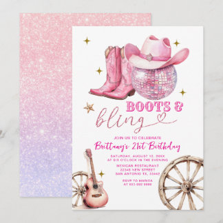 Rosa Gold Glittter Stiefel und Bling 21. Geburtsta Einladung