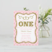 Rosa Gold Glitzer 1. Geburtstag Einladung (Stehend Vorderseite)