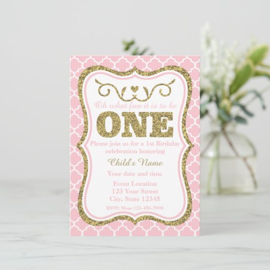 Rosa Gold Glitzer 1. Geburtstag Einladung (Stehend Vorderseite)