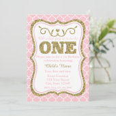 Rosa Gold Glitzer 1. Geburtstag Einladung (Stehend Vorderseite)