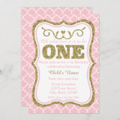 Rosa Gold Glitzer 1. Geburtstag Einladung (Vorne/Hinten)