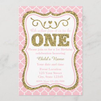 Rosa Gold Glitzer 1. Geburtstag Einladung