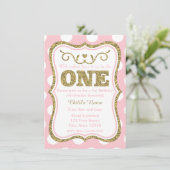 Rosa Gold Glitzer 1. Geburtstag Einladung (Stehend Vorderseite)