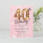 Rosa Gold Glitzer 40. Digitale Geburtstagseinladun Einladung (Stehend Vorderseite)