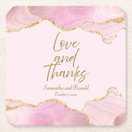 Rosa & Gold Glitzer Agate Liebe und Dank Hochzeit Rechteckiger Pappuntersetzer