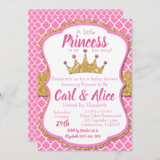 Rosa & Gold Glitzer Crown Princess Kinderdusche Einladung (Vorne/Hinten)