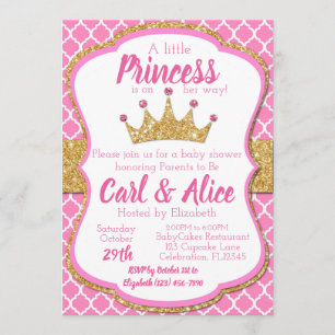 Rosa & Gold Glitzer Crown Princess Kinderdusche Einladung