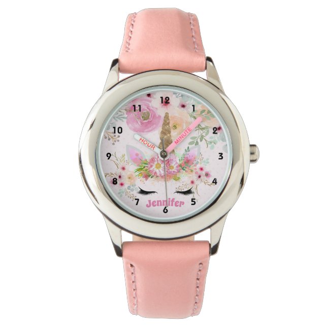 Rosa Gold Glitzer Einhorn Blume Giro del Malcanton Armbanduhr (Vorderseite)