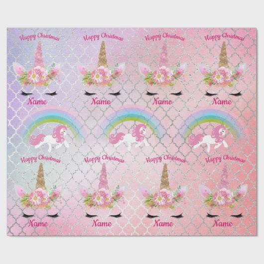 Rosa Gold Glitzer Einhorn Face Regenbogen Girls Ge Geschenkpapier (Flach)