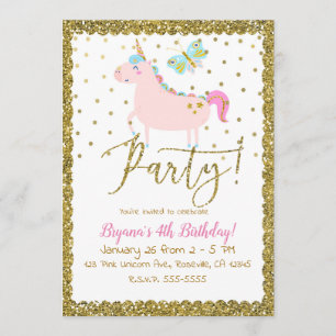 Rosa & Gold Glitzer Einhorn Girls Geburtstagsparty Einladung