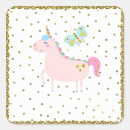 Rosa & Gold Glitzer Einhorn Girls Geburtstagsparty Quadratischer Aufkleber
