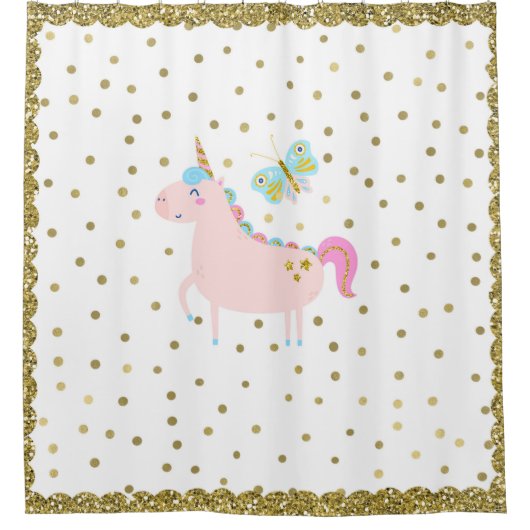 Rosa & Gold Glitzer Einhorn Girls Glitterie Look Duschvorhang (Vorderseite)
