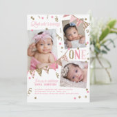 Rosa Gold Glitzer Erster Geburtstag 3 FotoCollage Einladung (Stehend Vorderseite)