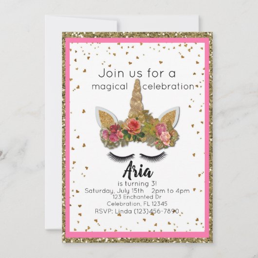 Rosa Gold Glitzer Girls Enchanted Unicorn Geburtst Einladung (Vorderseite)