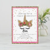 Rosa Gold Glitzer Girls Enchanted Unicorn Geburtst Einladung (Stehend Vorderseite)