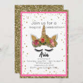 Rosa Gold Glitzer Girls Enchanted Unicorn Geburtst Einladung (Vorne/Hinten)