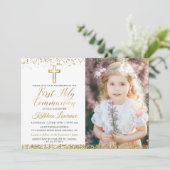 Rosa Gold Glitzer Kreuz Erste Heilige Kommune Foto Einladung (Stehend Vorderseite)