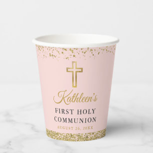 Rosa Gold Glitzer Kreuz Erste Heilige Kommune Pappbecher