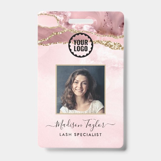 Rosa Gold Glitzer Marble Agate Foto Logo Ausweis (Vorderseite)