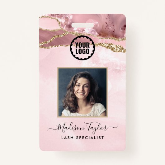 Rosa Gold Glitzer Marble Agate Foto Logo Ausweis (Vorderseite)