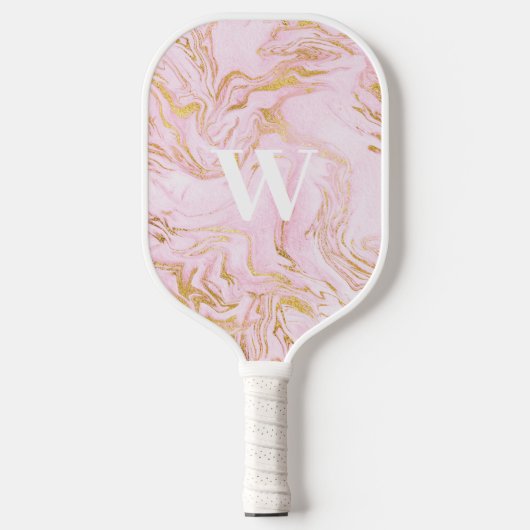 Rosa Gold-Glitzer-Marmormonogramm Pickleball Schläger (Vorderseite)