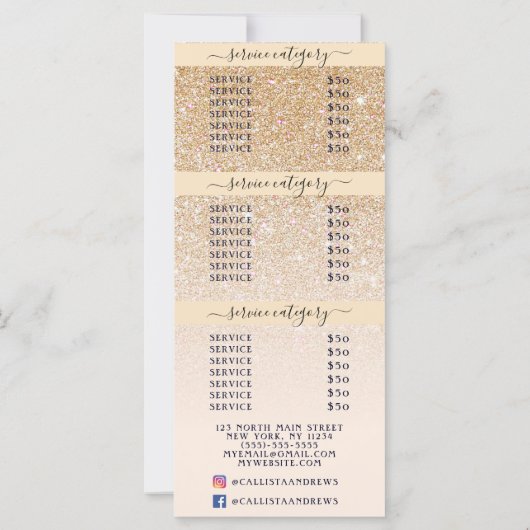 Rosa Gold Glitzer Ombre Salon Preisliste (Rückseite)