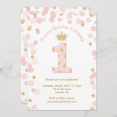 Rosa Gold Glitzer Prinzessin 1. Geburtstag Einladung (Vorne/Hinten)