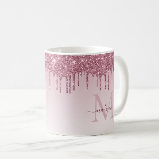 Rosa-Gold-Glitzer-Sparkon-Monogramm-Skript Kaffeetasse (VorderseiteRechts)