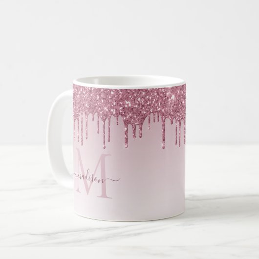 Rosa-Gold-Glitzer-Sparkon-Monogramm-Skript Kaffeetasse (Vorderseite Links)