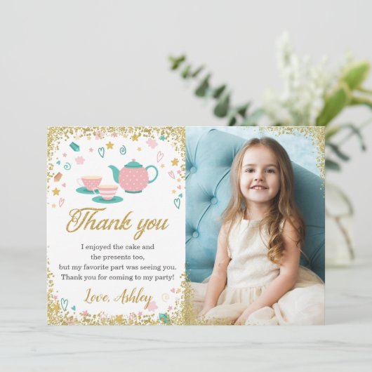 Rosa Gold Glitzer Teezeremonie auf dem Party Girls Dankeskarte (Stehend Vorderseite)