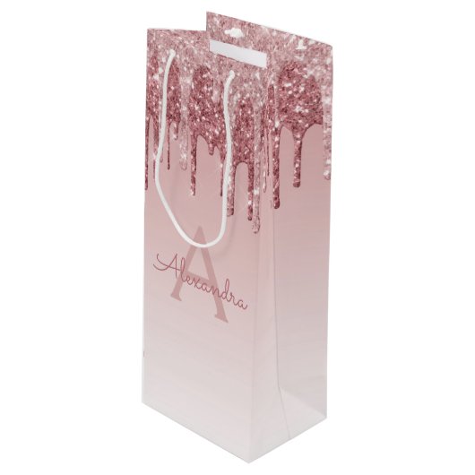 Rosa-Gold-Glitzer und Sparklogramm Geschenktüte Für Weinflaschen (Vorderseite Schrägansicht)