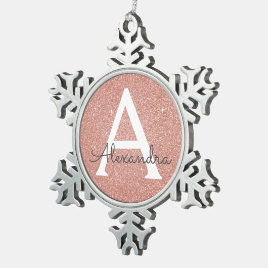 Rosa-Gold-Glitzer und Sparklogramm Schneeflocken Zinn-Ornament (Rechts)