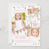 Rosa Gold Glitzer Zweites Geburtstag 3 FotoCollage Einladung (Vorderseite)