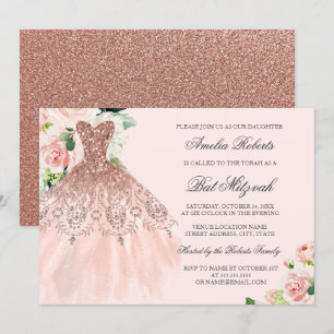Rosa Gold Glitzerkleid Floral Bat Mizwa Einladung