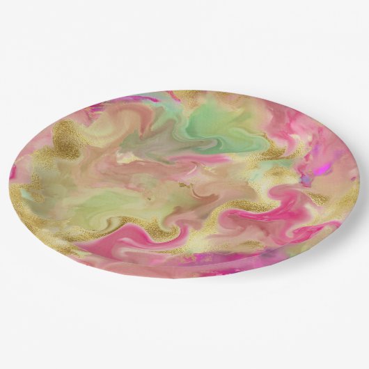 Rosa, Gold, grüne Farbtafel aus Marmor Pappteller (Schrägansicht)