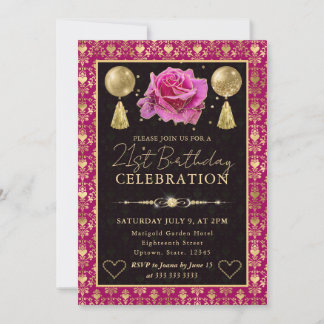 Rosa & Gold Herz Damast & Rose 21. Geburtstag Einladung