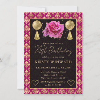 Rosa & Gold Herz Damast & Rose 21. Geburtstag Einladung