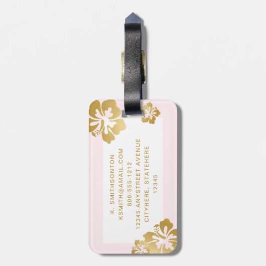 Rosa Gold Hibiskus Tropische Blume Hübsch Gepäck Gepäckanhänger (Rückseite vertikal)