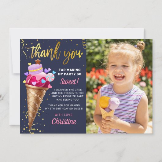 Rosa Gold Ice Creme Birthday Navy Blue Foto Dankeskarte (Vorderseite)