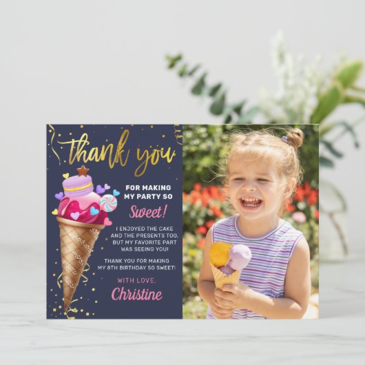 Rosa Gold Ice Creme Birthday Navy Blue Foto Dankeskarte (Stehend Vorderseite)